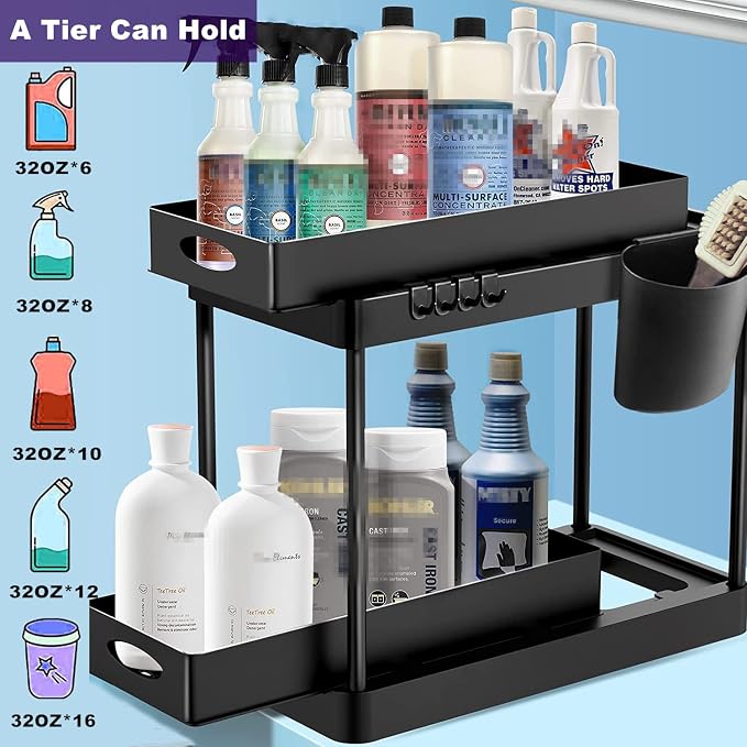 Double Sliding Cabinet Basket Organizer Drawers, 2 Tier Slide Out Under Sink Organizers Storage Under Cabinet Bathroom Organizer with Hooks & Hanging Cup for Kitchen Countertop (Black) - Image 5