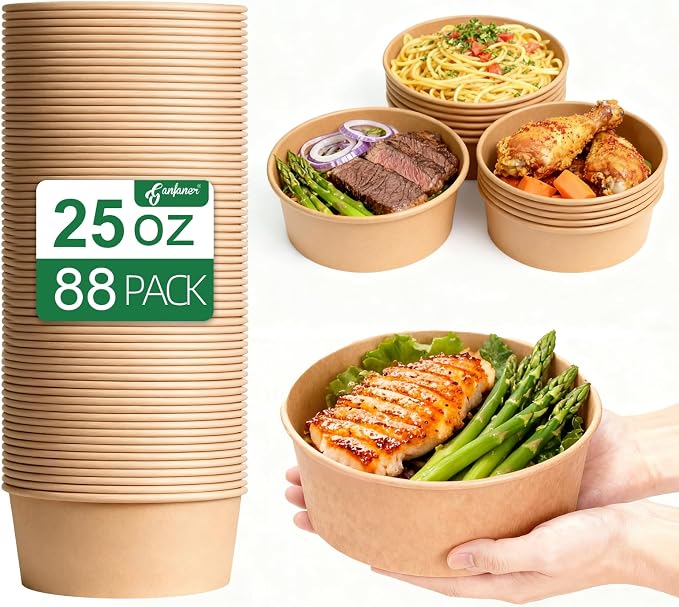 25oz Disposable Kraft Paper Round Bowls [No Lid] 88PK, Microwave Deli Containers, Salad Dressing Container for Lunch, Sturdy for Soup Toppings Snack Camping Family by GanfanerEcoPackHomeKitchen
