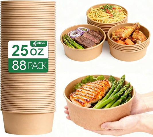 25oz Disposable Kraft Paper Round Bowls [No Lid] 88PK, Microwave Deli Containers, Salad Dressing Container for Lunch, Sturdy for Soup Toppings Snack Camping Family by GanfanerEcoPackHomeKitchen