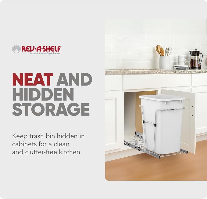 Rev-A-Shelf Single 35 Qt Pullout Trash Can for Base Kitchen Cabinets, Garbage Waste Bin System with Full Extension Slides, Min Opening Width of 11.5", White/Chrome, RV-12KD-11C - Image 5