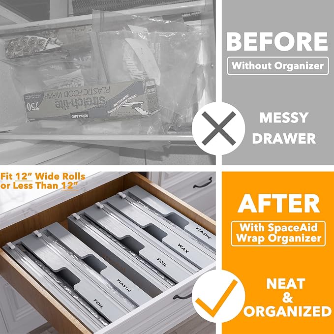 SpaceAid WrapNeat 3 in 1 Wrap Organizer with Cutter and Labels, Plastic Wrap, Aluminum Foil and Wax Bamboo Dispenser for Kitchen Storage Organization Holder for 12" Roll (Gray) - Image 2
