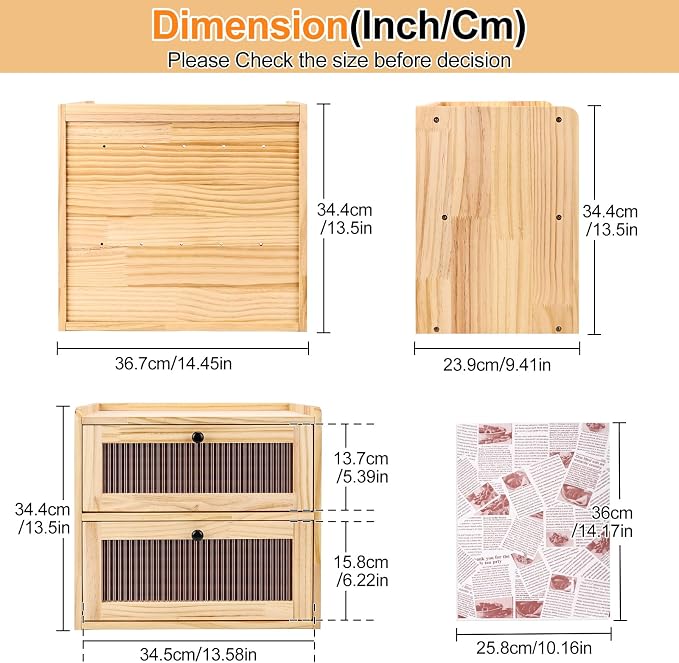 Alpeir Wooden Bread Box for Kitchen Countertop, Large Double Layer, Nature | Food-Safe Pine Wood, Double-Row Ventilation, Strong Acrylic Window, Raised Top Shelf, Easy Care, Farmhouse Corner Container - Image 3