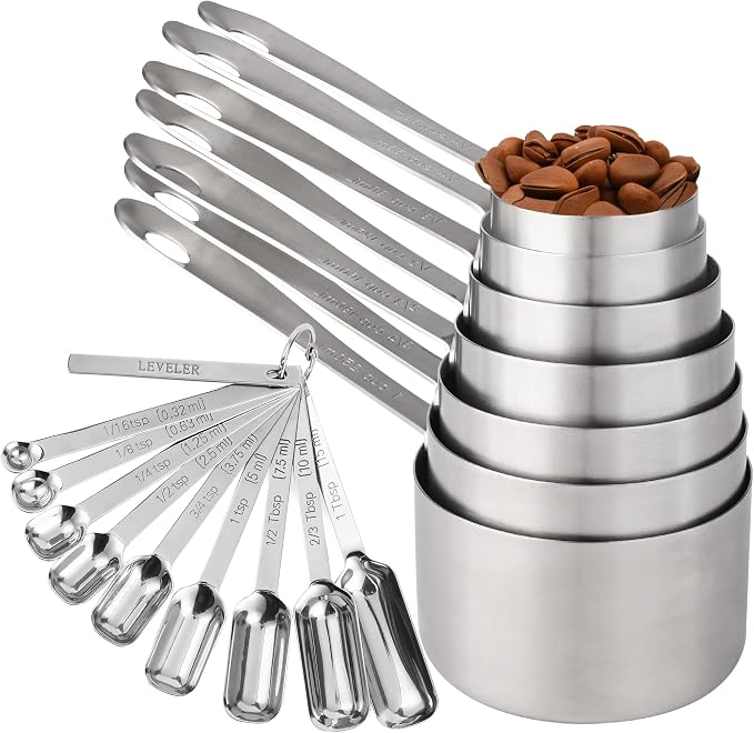 17-Piece Stainless Steel Measuring Cups and Spoons Set, Silver, 7 Cups & 9 Spoons + Leveler by Nstezrne