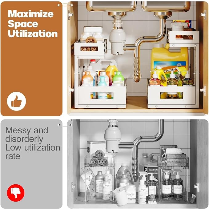L-Shaped Metal Under Sink Organizer, 2-Tier Double Pull-Out Cabinet Organizer for Kitchen & Bathroom Storage, Height Adjustable, Smooth Cylinder Rail, White, 2 Packs - Image 5