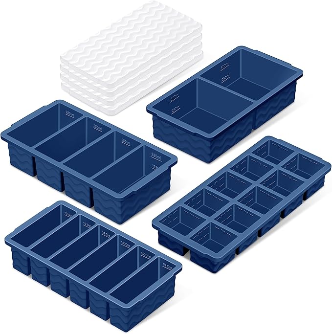 Silicone Freezer Trays with Lid (4-Pack), 1-Cup, 2-Cup, 1/2-Cup & 2-Tbsp Silicone Freezer Molds, Stackable Soup Freezer Meal Prep Containers,Ice Cube Tray for Making Sauce,Smoothies,Yogurt Bites by Doasuwish