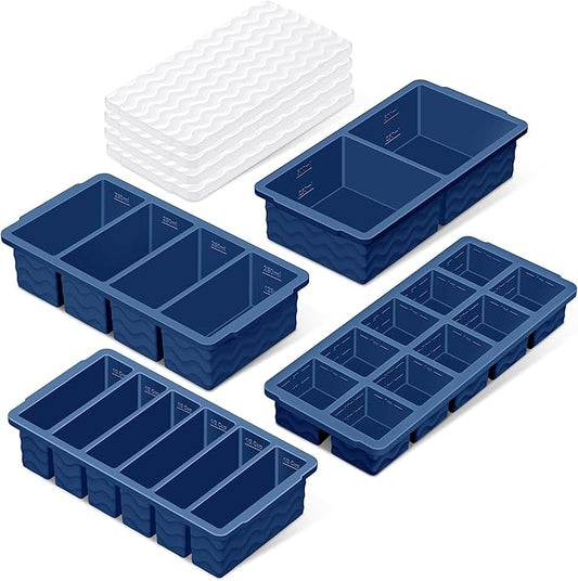 Silicone Freezer Trays with Lid (4-Pack), 1-Cup, 2-Cup, 1/2-Cup & 2-Tbsp Silicone Freezer Molds, Stackable Soup Freezer Meal Prep Containers,Ice Cube Tray for Making Sauce,Smoothies,Yogurt Bites by Doasuwish