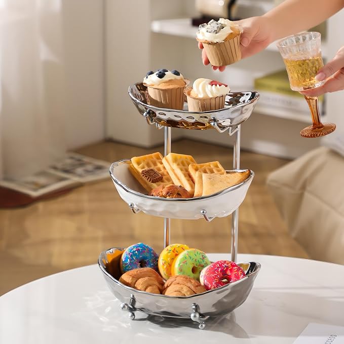 XUDREZ 3 Tier Fruit Bowl with Metal Stand for Kitchen Counter, Ceramic White Gold Silver, Tiered Fruit Basket for Nuts, Snacks, Bread, Candy Storage (Silver) - Image 4
