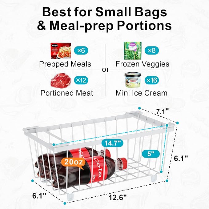 Freezer Organizer - Small Storage Baskets for 7 Cu.Ft, 3 Pack | Easy Access Handles, Stackable Deep Freezer Wire Baskets, Vertical Space Sorts for Frozen Meat, Vegetable and Bagged Items - Image 7
