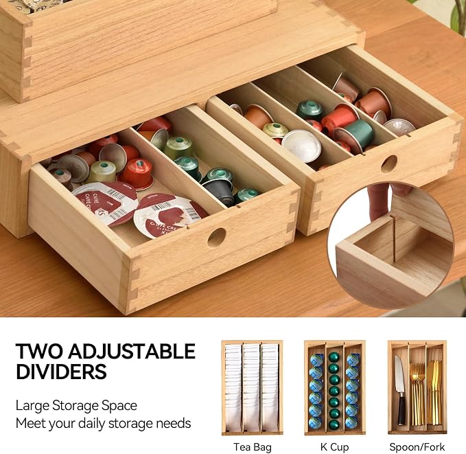 KIRIGEN Wooden Coffee Station Organizer with Drawers, K Cup Holder Natural | 2 Piece Solid Wood Set Storage Box Holds 40+ Pods, Tea Bags, Sugar with Modular Storage for Counters and Coffee Bars - Image 4