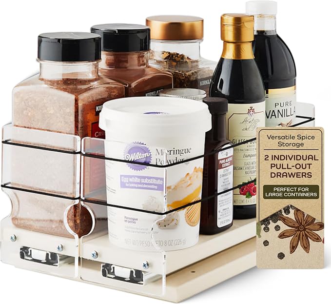 Large Pullout Sliding Spice Rack Organizer - 2 Individual 1 Tier Drawers - Premium Rolling Seasoning Holder/Caddy for Hidden Pantry Storage - Made in USA (6.9''W x 5.0" H x 10.6''D) by VerticalSpice