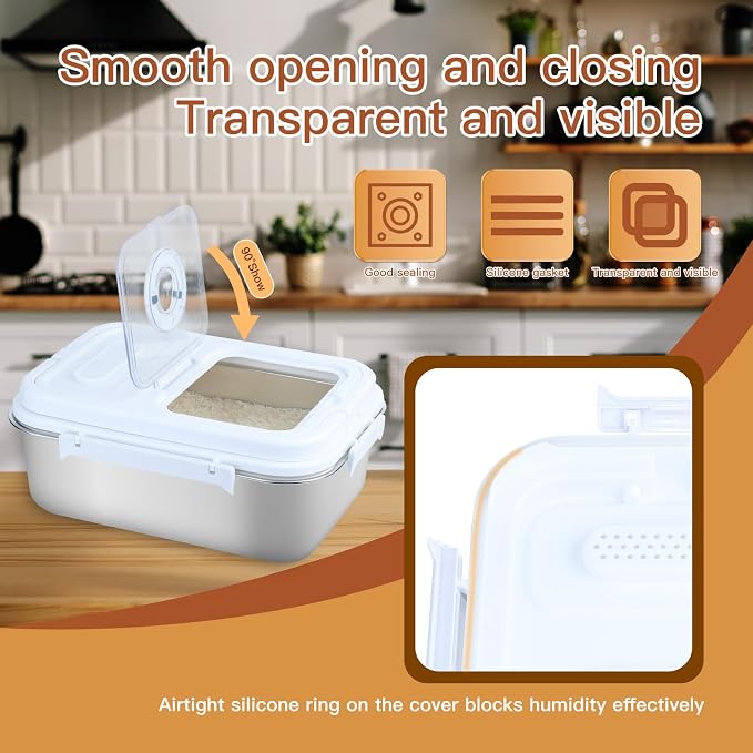 15Lbs Airtight Rice Container with Flip Lid, Stainless Steel Food Storage Container with Date Tracker, Measuring Cup and Spoon, 7.5L Portable Kitchen Pantry Bin for Flour Grain Sugar - Silver - Image 5