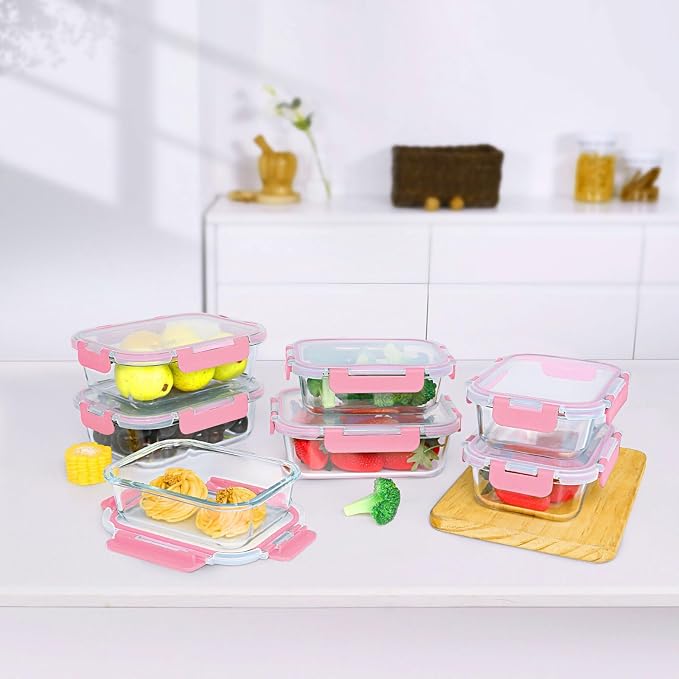 M MCIRCO 10 Pack Glass Food Storage Containers with Lids, Pink | Glass Meal Prep Containers,Airtight Lunch Containers with Lids, Microwave, Oven, Freezer and Dishwasher Friendly, BPA Free - Image 6
