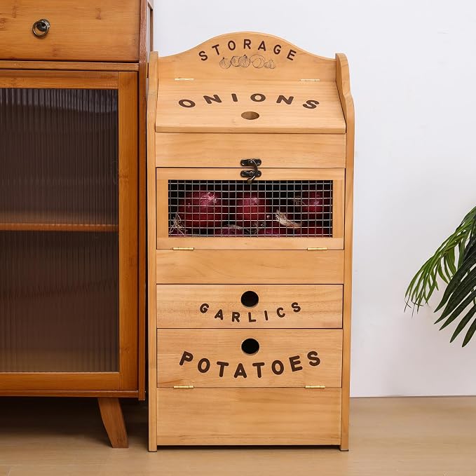 Potato Bin Veggie Organizer Rustic Pine Wood Potato, Onion & Garlic Storage Bin | Kitchen Organizer | Solid Wood Veggie Box | Compact Kitchen Box (13.77" L x 7.1" W x 29.3" H) - Image 6
