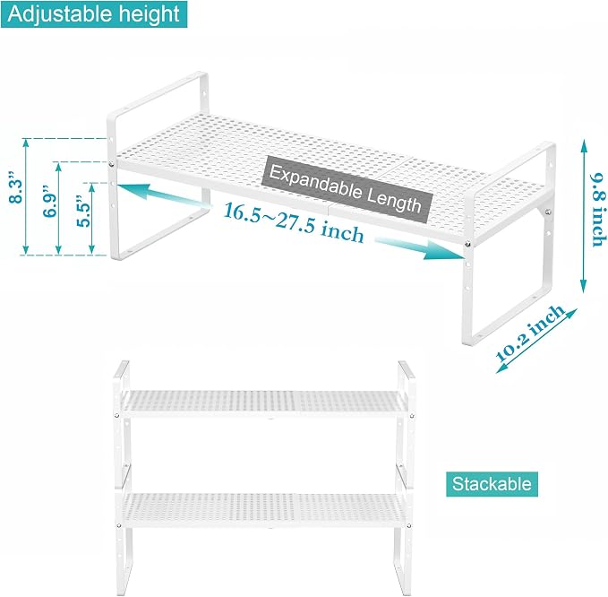 2 Pack Large Expandable Cabinet Storage Shelf, Heavy Duty Stackable Steel Metal Spice Rack Adjustable Height Home Office Pantry Garage Shelves for Counter Kitchen Organization, White - Image 3