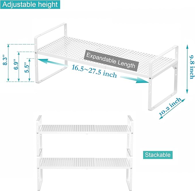 2 Pack Large Expandable Cabinet Storage Shelf, Heavy Duty Stackable Steel Metal Spice Rack Adjustable Height Home Office Pantry Garage Shelves for Counter Kitchen Organization, White - Image 3