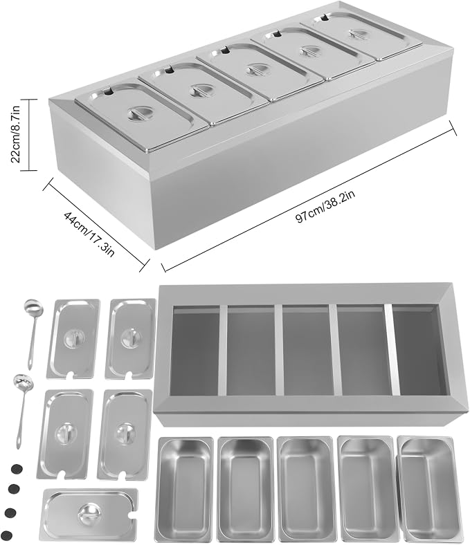 Pizza Oven Topping Station Condiment Food Prep Container Pans Rack | Stainless Steel Container Set with 5 1/3 Pans & Lids, Sandwich Prep Table Ingredients Holder Kitchen Restaurants Buffet - Image 5