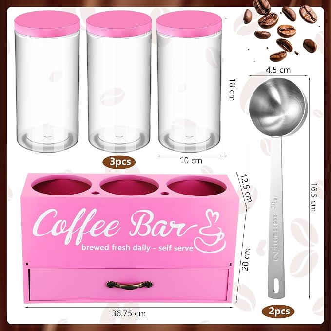 3 Pcs Coffee Bar Containers Set Include Coffee Sugar Container with Lid and Spoon and Double Layer Storage Box with Drawer for Bar Kitchen Countertop(Pink) - Image 2