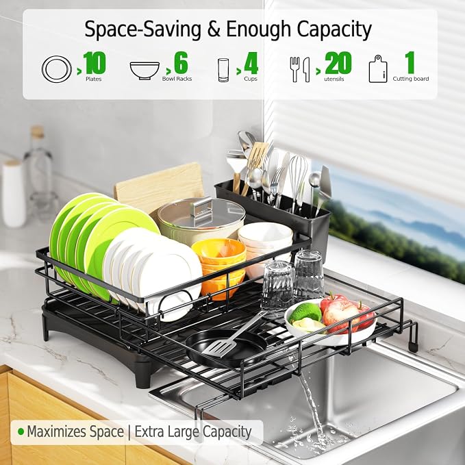 Expandable Over Sink Dish Drying Rack (12.6"-20.5"), Rustproof Metal Dish Drainer with Auto-Draining Tray & Utensil Holder, Large Capacity Sink Organizer for Kitchen Counter, Fits Most Sinks - Black - Image 7