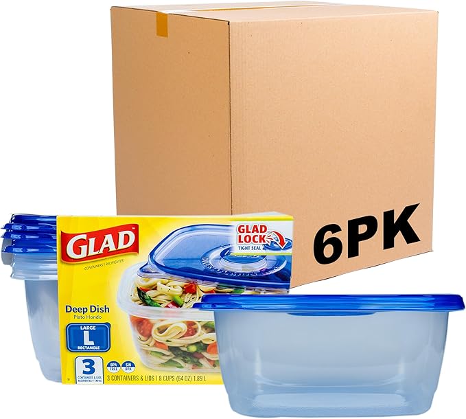Glad GladWare Deep Dish Food Storage Containers, 64 Oz, 3 Count, 6-Pack | Lock-tight seal for soups, salads, and meal prep in a large rectangle format; microwave and dishwasher safe by GladTrashFoodStorage