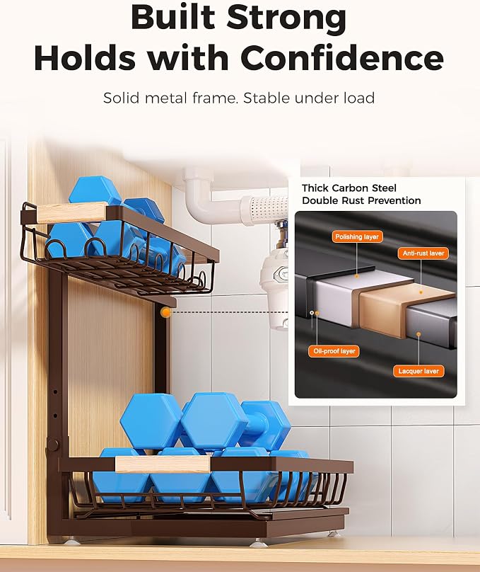3-Pack 2-Tier Height Adjustable Under Sink Organizer, Brown | Multi-purpose metal storage shelf with sliding shelves for kitchen, bathroom, pantry & laundry cabinet - Image 6