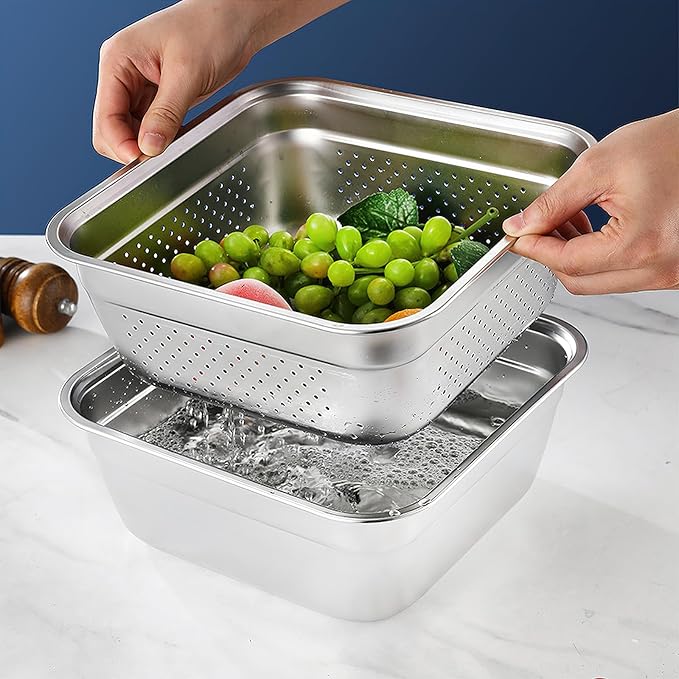 2-in-1 Stainless Steel Washing Up Bowl Set, 12.8" Sturdy Square Dish Tub with Colander, Fruit Vegetable Washing Basin for Sink, Food Grade Dishpan for Draining Rice, Pasta, Food Strainer Mixing Bowl - Image 6