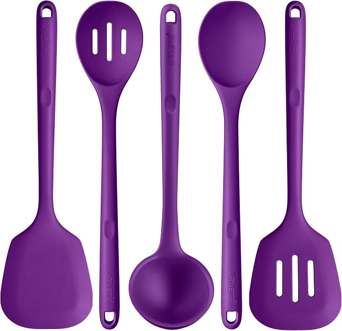 U-Taste Silicone Kitchen Cooking Utensil Set of 5, 13.6" Long, Purple | 600ºF Heat Resistant Food Grade Kitchen Tools&Gadgets, Extra Long Wide Spatula Turner Spoon Ladle for Serving Mixing Stirring by U-Taste