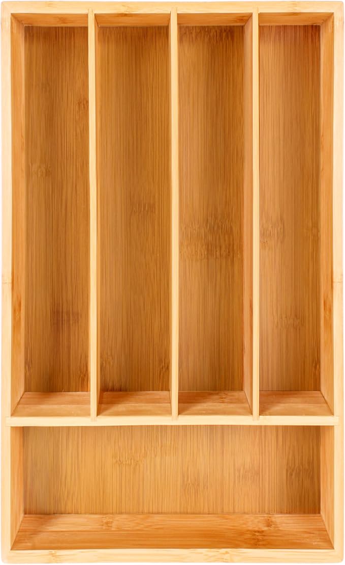 BergHOFF Bamboo Flatware Organizer 5-slot, 13.5" x 8.25", Natural, Fit in any size of drawer, great for spoons, forks, knives, scissors, peelers, chef tools | Skinny Silverware Organizer for Narrow Kitchen Drawers, 5 Compartment Cutlery Tray & Utensil ... - Image 2