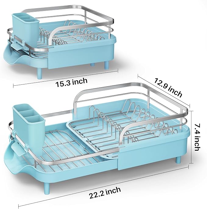 SAYZH Expandable Dish Drying Rack for Small Kitchen Counter, Blue | Stainless Steel, Protective Guardrail, Angled Drainboard, Fits High-Rim Sinks, Removable Utensil Holder - Image 2
