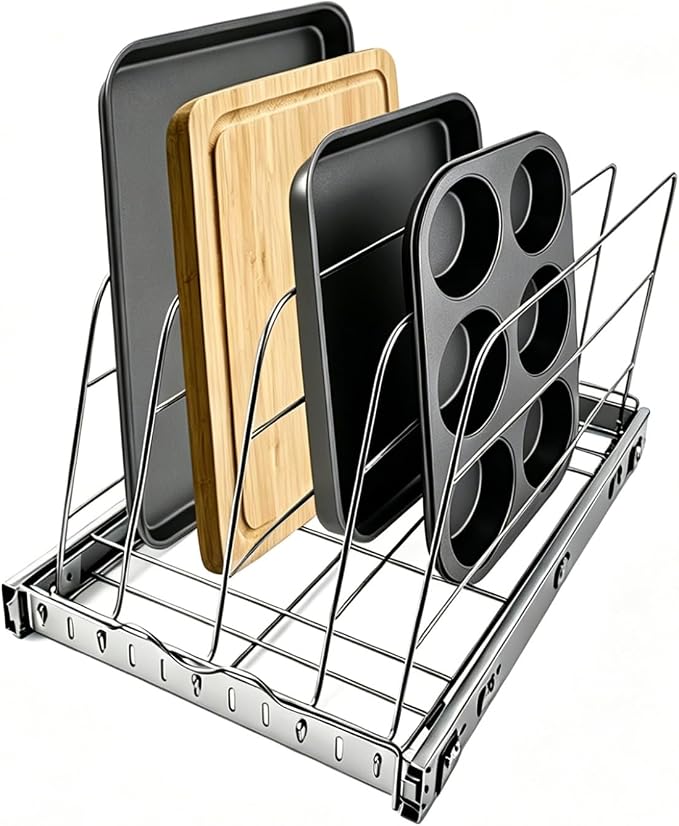 Pull Out Baking Pan Organizer for Cabinet, Cookie Sheet, Cutting Board, Tray Organizer for Cabinet, Adjustable, 22.5"D x11"H x 13"W, Pull/Slide Out Organizer-Heavy Duty, Chrome steel, 50-Year Warranty by jjxeqo