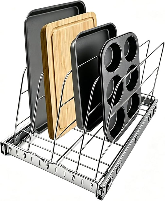 Pull Out Baking Pan Organizer for Cabinet, Cookie Sheet, Cutting Board, Tray Organizer for Cabinet, Adjustable, 22.5"D x11"H x 13"W, Pull/Slide Out Organizer-Heavy Duty, Chrome steel, 50-Year Warranty by jjxeqo