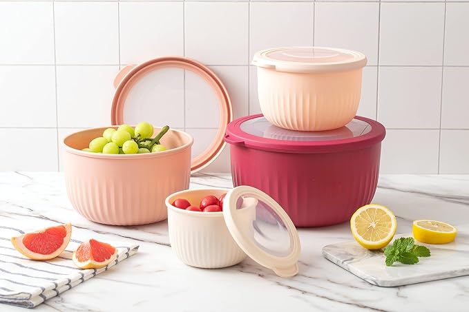 COOK WITH COLOR Prep Bowls with Lids- Wide and Deep Nesting Plastic Small Mixing Bowl Set with Lids, 8 Piece Set - Deep Bowls, Rose - Image 8
