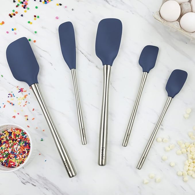 Tovolo Stainless Steel Handled Silicone Spatula Set of 5 Deep Indigo, Dishwasher Safe Kitchen Spatula Set for Cooking Baking, Non Toxic BPA Free Silicone Spatula set with Metal Steel Handle - Image 2