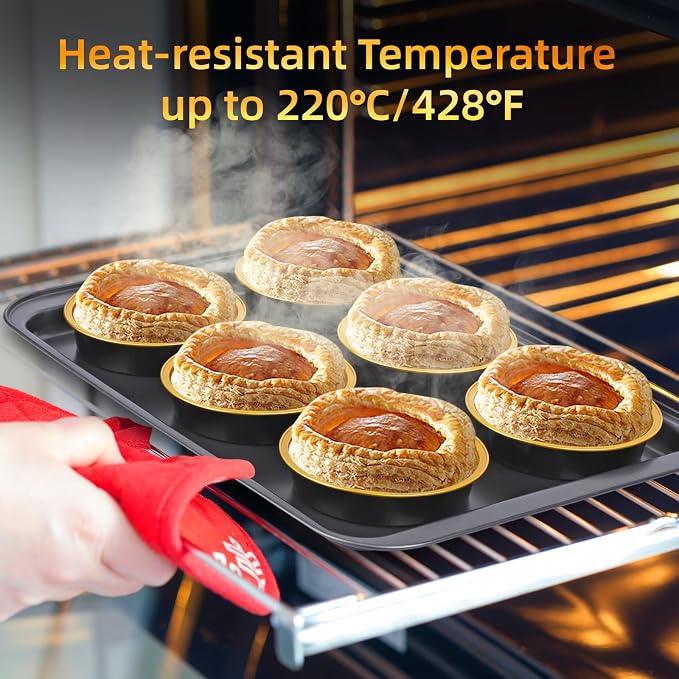 Beasea Disposable Creme Brulee Ramekins with Lids, 120 Pack 4 Inch 8oz Mini Pie Tins Black Gold Mini Small Aluminum Foil Pie Tart Cake Baking Pans Individual Round Containers Oven Safe for Baking - Image 5