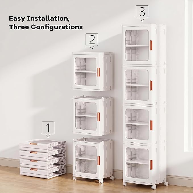 4-Tier Tall Narrow Plastic Storage Cabinet, Foldable | Rolling Organizer with Lid,4 Doors,2 Adjustable Shelves,Stackable,Durable PP,Freestanding Bathroom Cabinet for Slim Space - Image 3