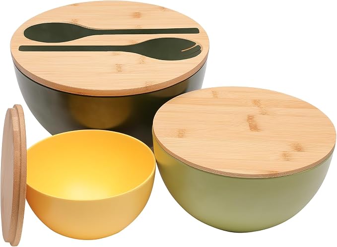 ECOWAY Salad Bowls Set of 3 with Lid & Serving Utensils, Colorful Serving Bowls, Bamboo Fiber Salad Bowls with Bamboo Lid, Kitchen Bowls for Salad, Kitchen Eating, Pasta, Popcorn, Fruit (3 Colors) - Image 3