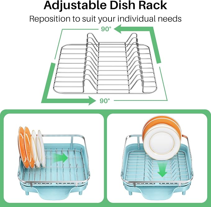 SNTD Expandable Dish Drying Rack for Kitchen Counter, 15.2-22.1 in, Blue | Rust-Resistant Stainless Steel, Protective Side Rails, Self-Draining Drainboard, Removable Utensil Holder - Image 7
