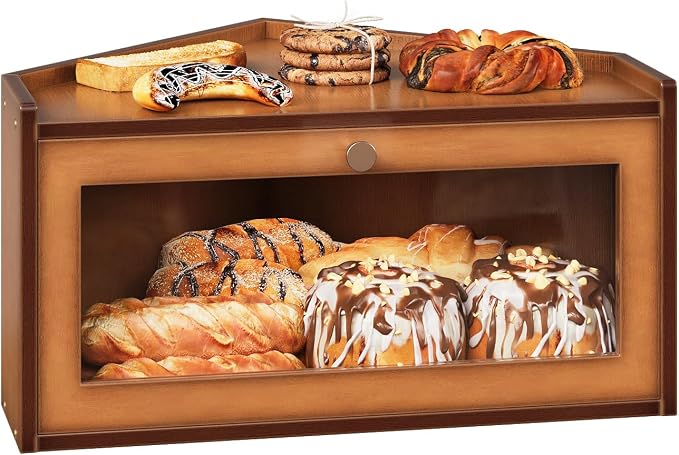 Trironsun Corner Bamboo Bread Box for Kitchen Counter Large Rustic Bread Storage Container with Acrylic Door Space-Saving Vintage Bread Keeper for Homemade Bread (Brown) by TrironsunHome