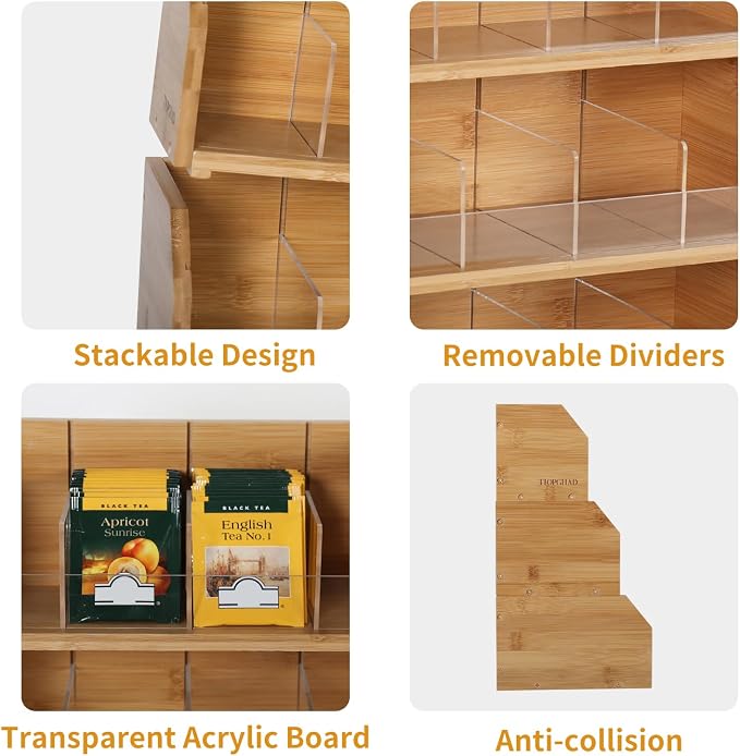 3-Layer Stackable Bamboo Tea Bag Organizer Storage Holder, Natural | Holds 260 tea bags, Removable Compartments, Wood, Acrylic dividers, 12.2 x 7.5 x 13.8 in, for Cabinet, Countertop, Office - Image 5