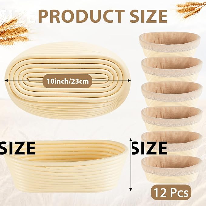 12 Pack Banneton Bread Proofing Basket 10 Inch Oval Rattan Banneton Baskets with Linen Liner Cloth Sourdough Basket Dough Proofing Basket for Professional & Home Sourdough Bread Baking - Image 2
