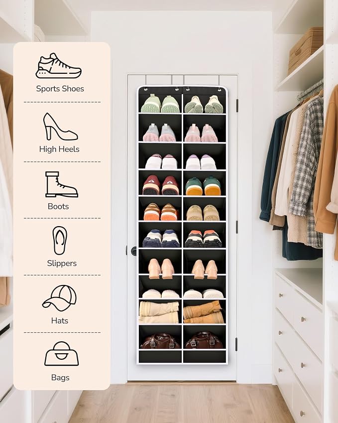 ULG Over The Door Shoe Organizer for Closet Fit 24-32 Pairs with Large Deep Pockets, Narrow Shoe Rack for Door Hanging Boots Storage, Black - Image 8