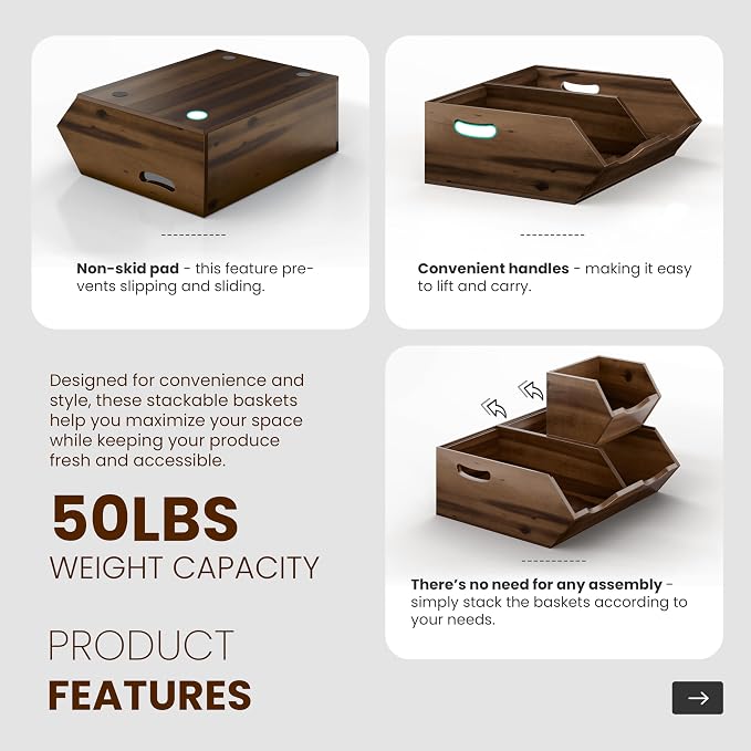 HOLANA Acacia Wood Potato & Onion Storage Bin, Stackable (Patent Pending) | Solid Acacia Wood, No Assembly, 3 Stackable Bins, Integrated Handles, 50LBS Capacity, Non-Skid Pads, Multi-Use, Walnut Finish - Image 3