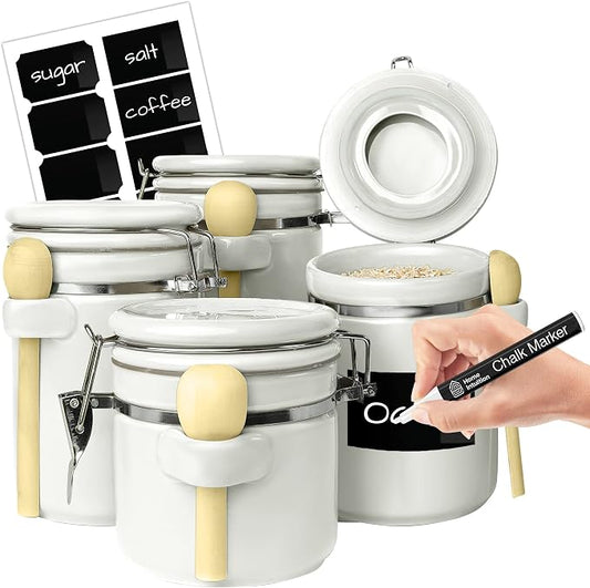 Home Intuition 4-Piece Ceramic Kitchen Canisters Set, Airtight Containers with Wooden Spoons Reusable Chalk Labels and Marker for Sugar, Coffee, Flour, Tea (White) by HomeIntuition