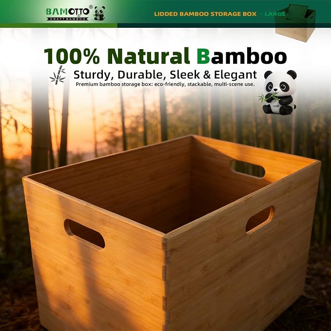 BAMOTTO CRAFTBAMBOO Large Lidded Bamboo Storage Bin 14.6”x10.2”x9.6” | Stackable | Cutout Handles | Natural Bamboo Box Basket for Kitchen Pantry Office Closet, Organize Tableware Toys Crafts Books - Image 6