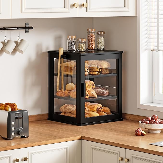 WOWLIVE Bread Box for Kitchen Countertop, 3 Layers Bread Storage Container | Large Bamboo Bread Bin for Homemade Bread with Window, Farmhouse Breadbox Organizer for Kitchen, Cabinet, Black, Extra Large - Image 2