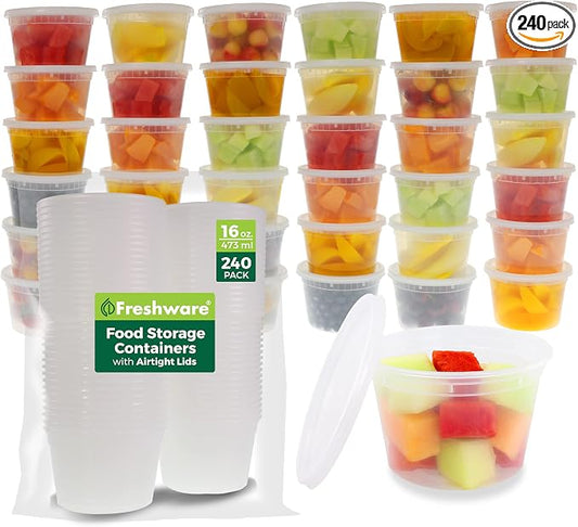 Freshware Food Storage Containers [240 Set] 16 oz Plastic Deli Containers with Lids, Slime, Soup, Meal Prep Containers | BPA Free | Stackable | Leakproof | Microwave/Dishwasher/Freezer Safe by Freshware