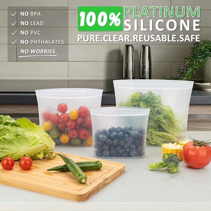 100% Platinum Silicone Reusable Food Storage Bags, 8 Pack (4M + 2S + 2XS) | Premium Silicone Reusable Storage Bag, Stand-Up Wide-Mouth Ziplock, Various Sizes, Freezer Microwave Dishwasher Safe, Clear - Image 2