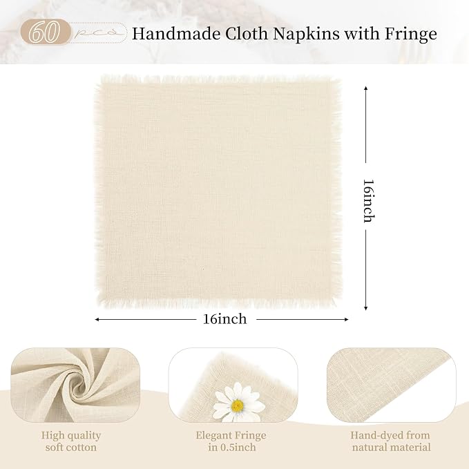 60 Pack Cotton Linen Napkins 16 x 16 Inch Linen Napkins Cloth Handmade with Fringe Soft Cloth Napkins Washable Rustic Dinner Napkins Cloth for Wedding Party Dinner Table(Natural) - Image 2