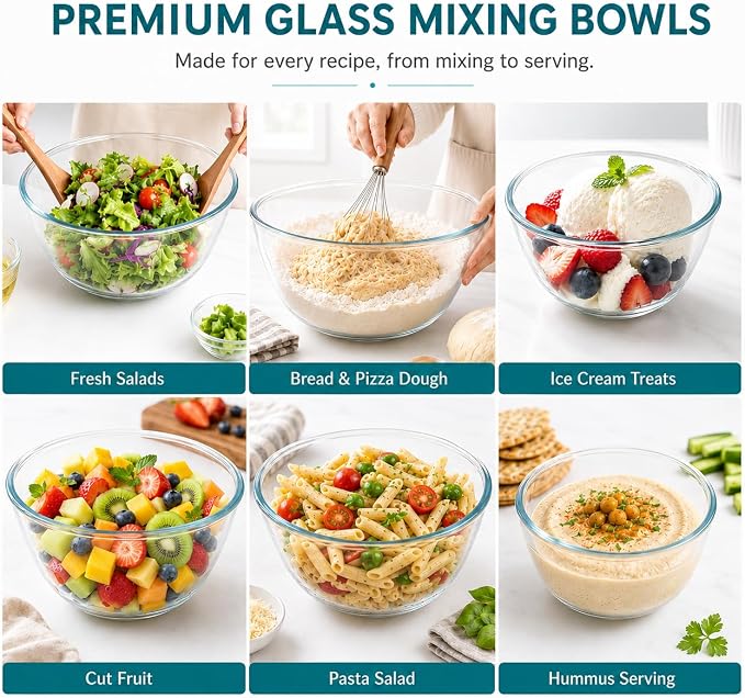 Luvan Glass Mixing Bowls with Lids Set(4.5QT, 2.7QT, 1.1QT)-Large Glass Mixing Bowls, Clear Salad Bowl for Baking, Cooking, Serving, Food Prep, 3PC Nesting Bowls for Kitchen Storage & Dishwasher Safe - Image 6