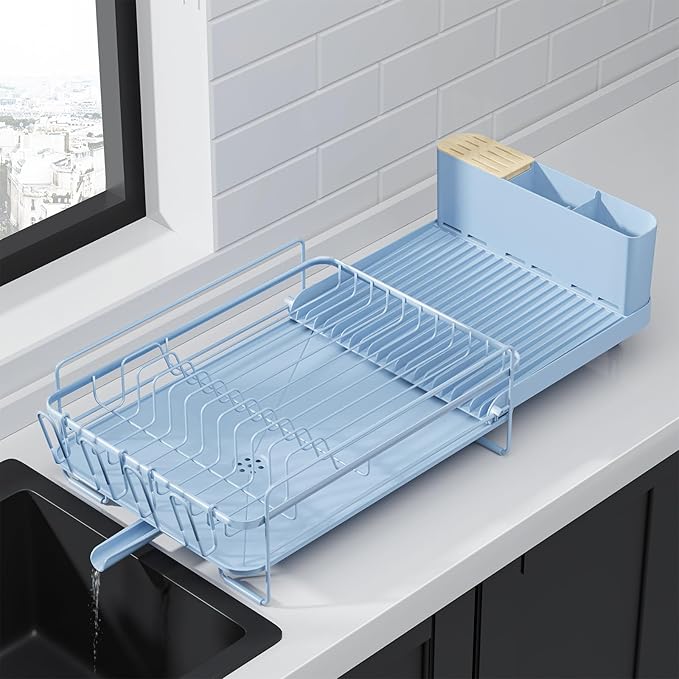 Kitsure Extendable Dish Drying Rack, 19.2"-26.7" L x 12.9" W, Blue | Large Dish Rack, Multifunctional Dish Rack for Kitchen Counter, Anti-Rust Dish Drainers with Cutlery & Cup Holders by Kitsure