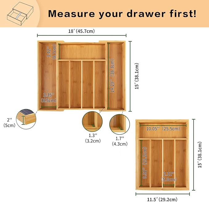 Utoplike Bamboo Cutlery Silverware Tray, Drawer Organizer Kitchen Utensils | Small Drawer Dividers for Flatware Tray Drawer Insert for knives, Gadgets and Garage Tools, Office Supplies, 5-7 Slots - Image 3